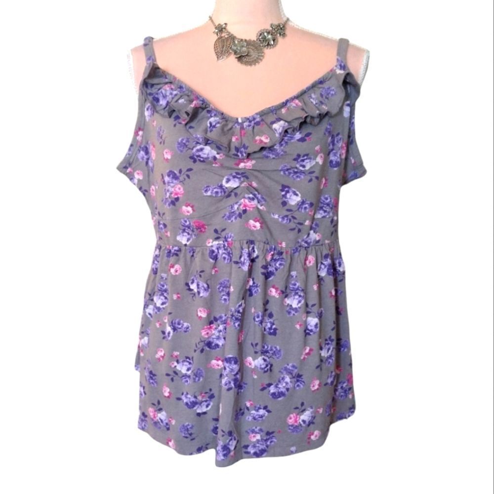 Torrid Gray Tank Top with Purple and Pink Floral Design